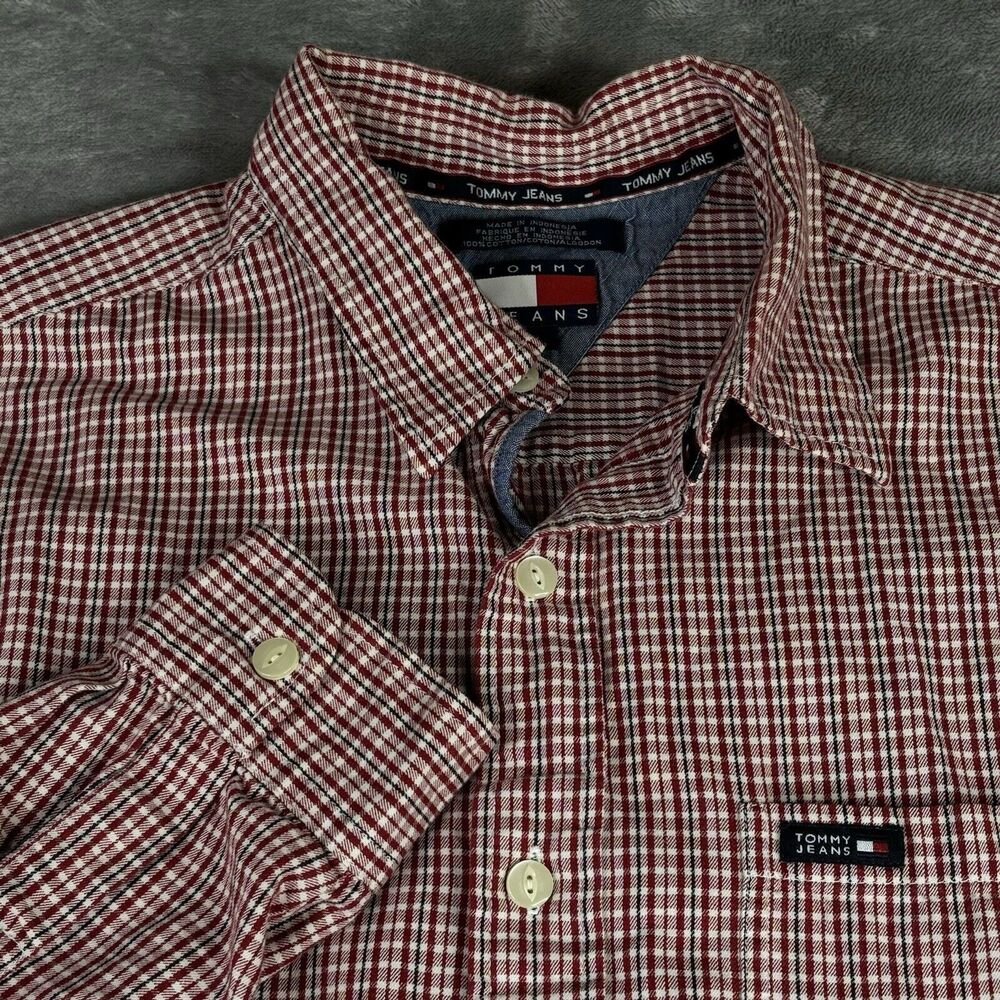 Tommy Hilfiger Shirt Men Large Red Plaid Button Up Tommy Jeans Vintage Flag logo